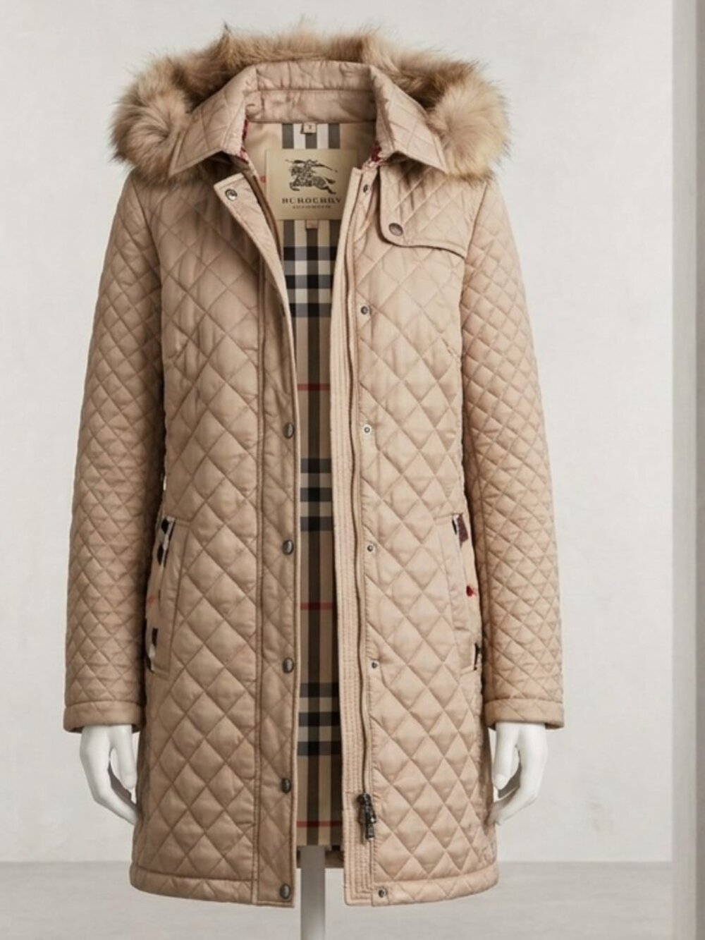 Beige Quilted Parka Jacket Faux Fur Hood Nova Check Style XS